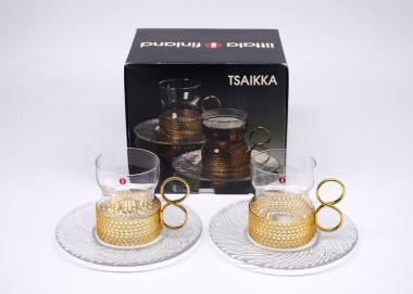 iittala(イッタラ)/Tsaikka(クリア×ゴールド)/ホルダー付きカップ&ソーサー(Box入り 2客セット)